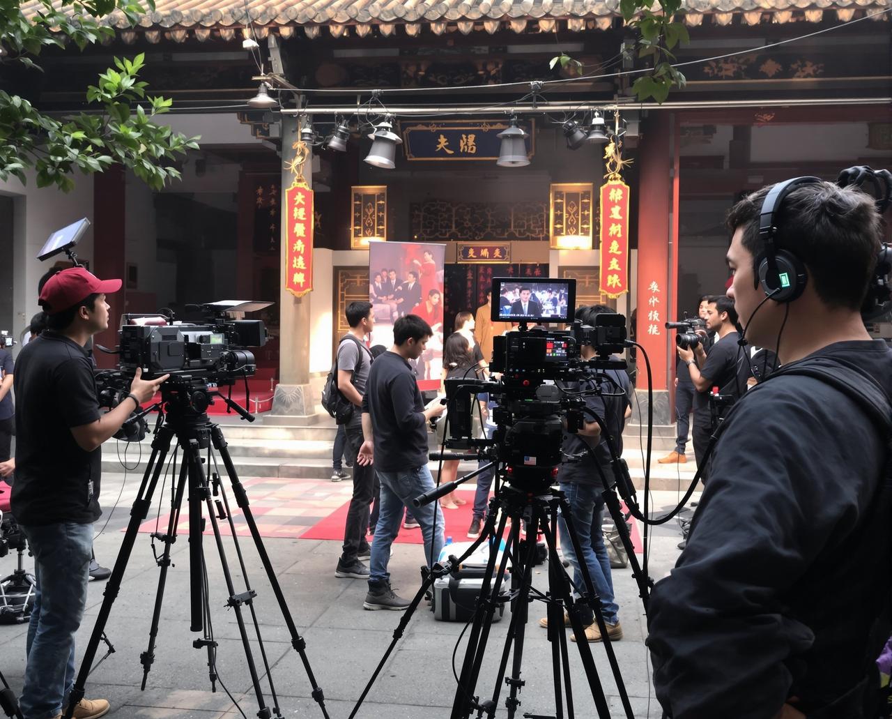 好色电影院外景拍摄团队正在进行影视剧现场拍摄工作